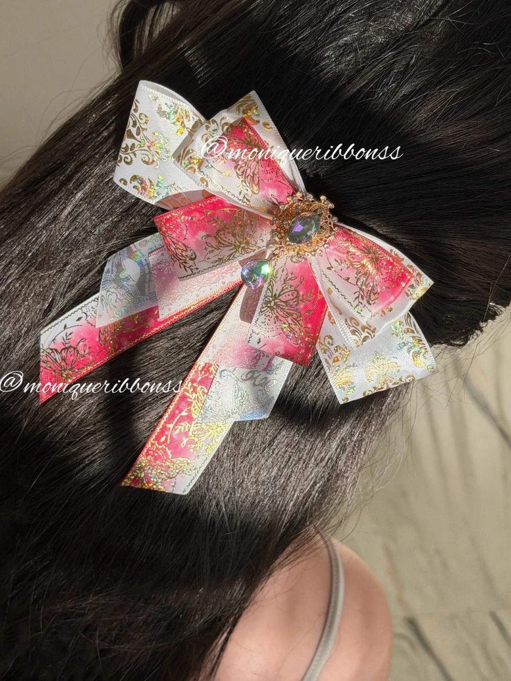 Handmade Pink and White Gold Accent Elegant Hair Bow